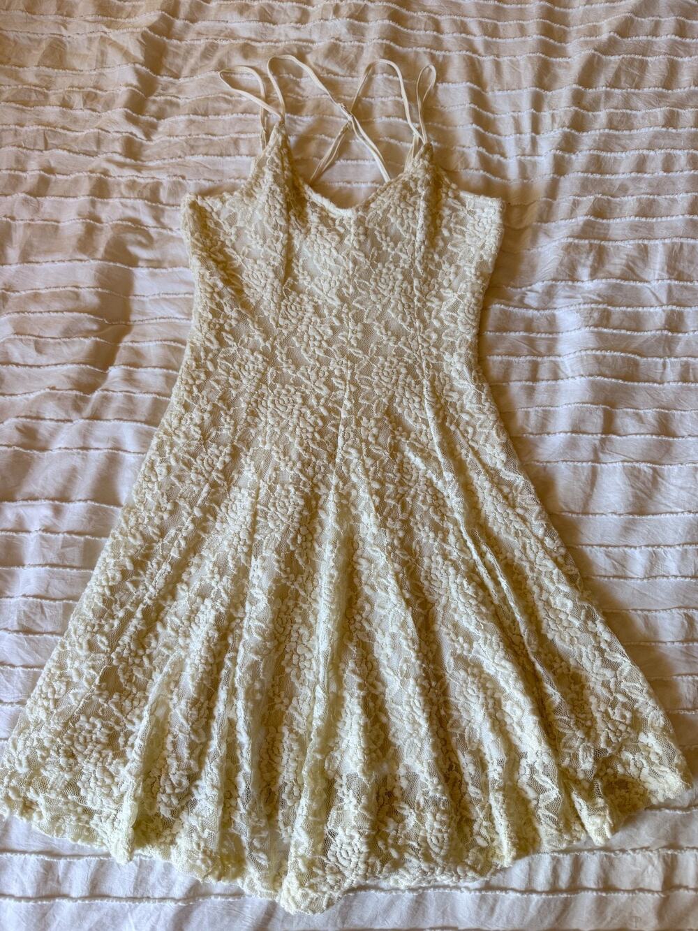 American Eagle Womens XS Ivory Lace Fit Flare Dress Strappy Back Cottagecore Min
